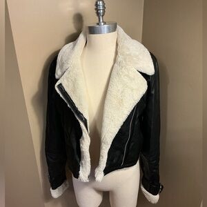 Hollister Black Leather Jacket with cream Fur